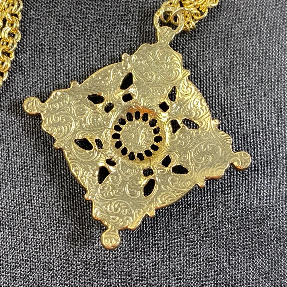 Vintage 1928 Chain Necklace Gold Tone Faux Pearl & Blue Green Cabochons 28" - Picture 8 of 12
